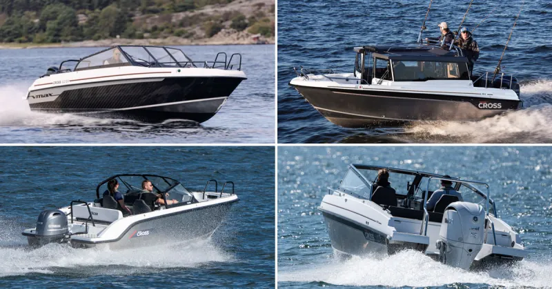 Ylärivissä Cross 62 VMAX ja Cross 60 Cabin, alarivissä uusi Cross 55 BR ja lippulaiva Cross 75 BR