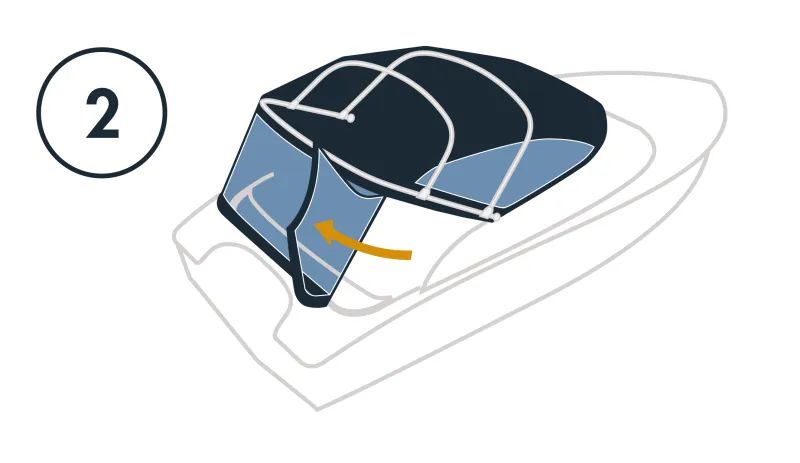 A sketch of a boat with the canopy in place. In addition, an orange arrow pointing from the rear right of the canopy towards the rear centre.