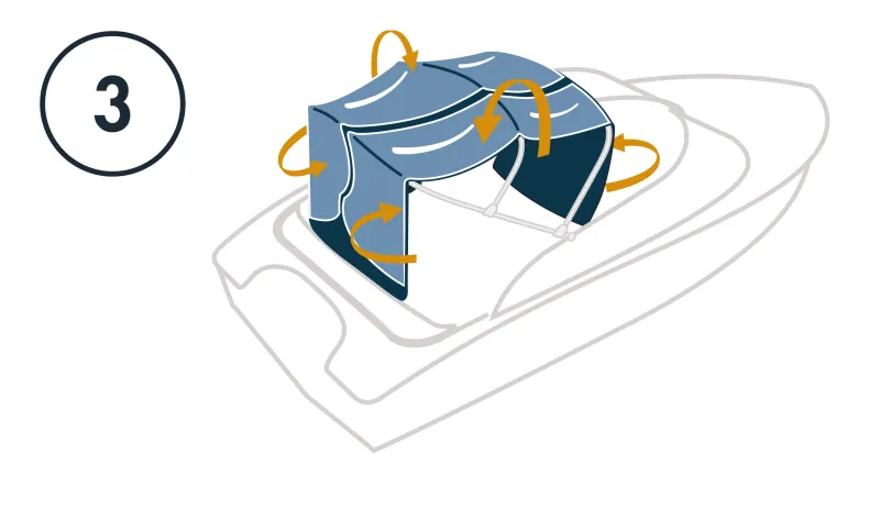 A sketch of a boat with the canopy already partially open. In addition, orange arrows indicate the folding direction.