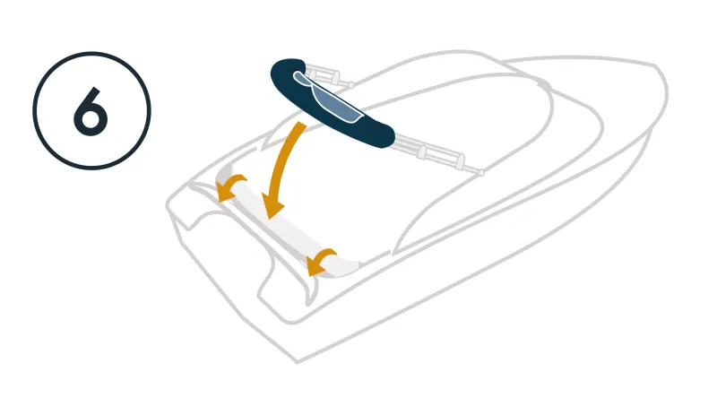 A sketch of a boat with a canopy rolled around the arch tubes and arrows pointing down towards the stern of the boat.