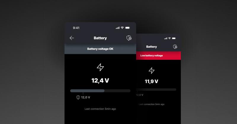 Two phone screens on a dark gray background. One shows the battery voltage as "OK," the other as "low."