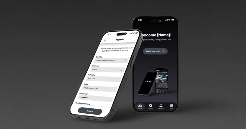 Two phones on a dark gray background. The screen of one shows the Cross App menus, and the other displays the boat pairing start page.
