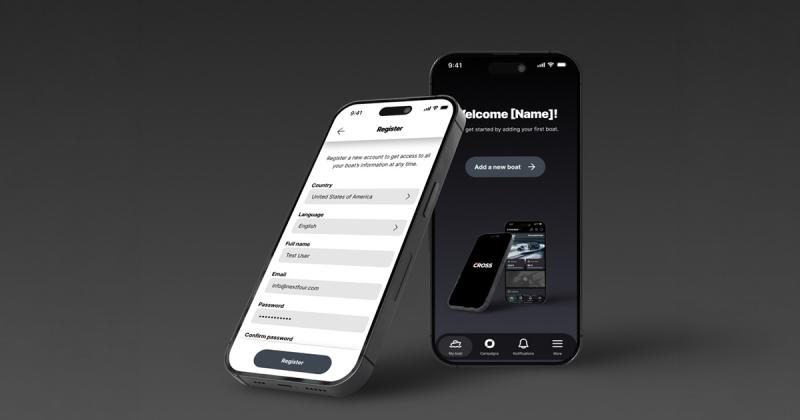 Two phones on a dark gray background. The screen of one shows the Cross App menus, and the other displays the boat pairing start page.
